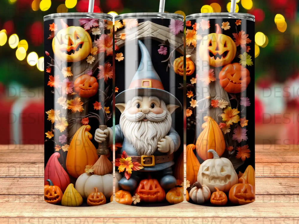 Gnome with pumpkin hat and jack-o'-lanterns, surrounded by autumn leaves and fall decorations.