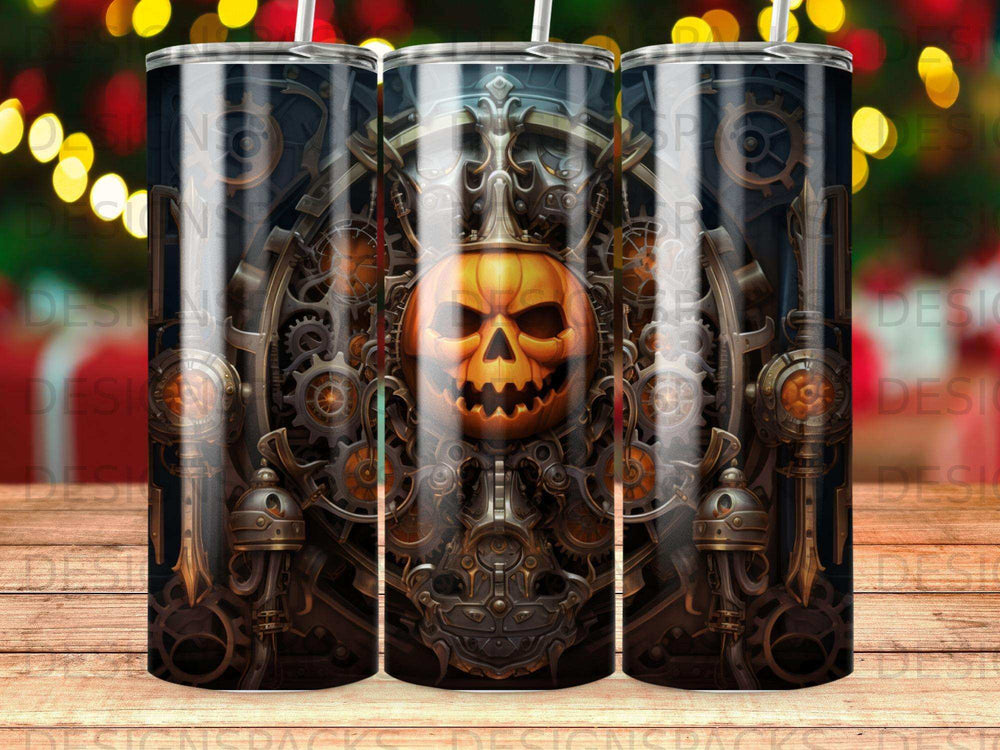 Steampunk pumpkin with gears and mechanical details on a tumbler.