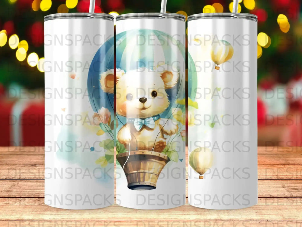 Bear in hot air balloon, surrounded by colorful bokeh lights.