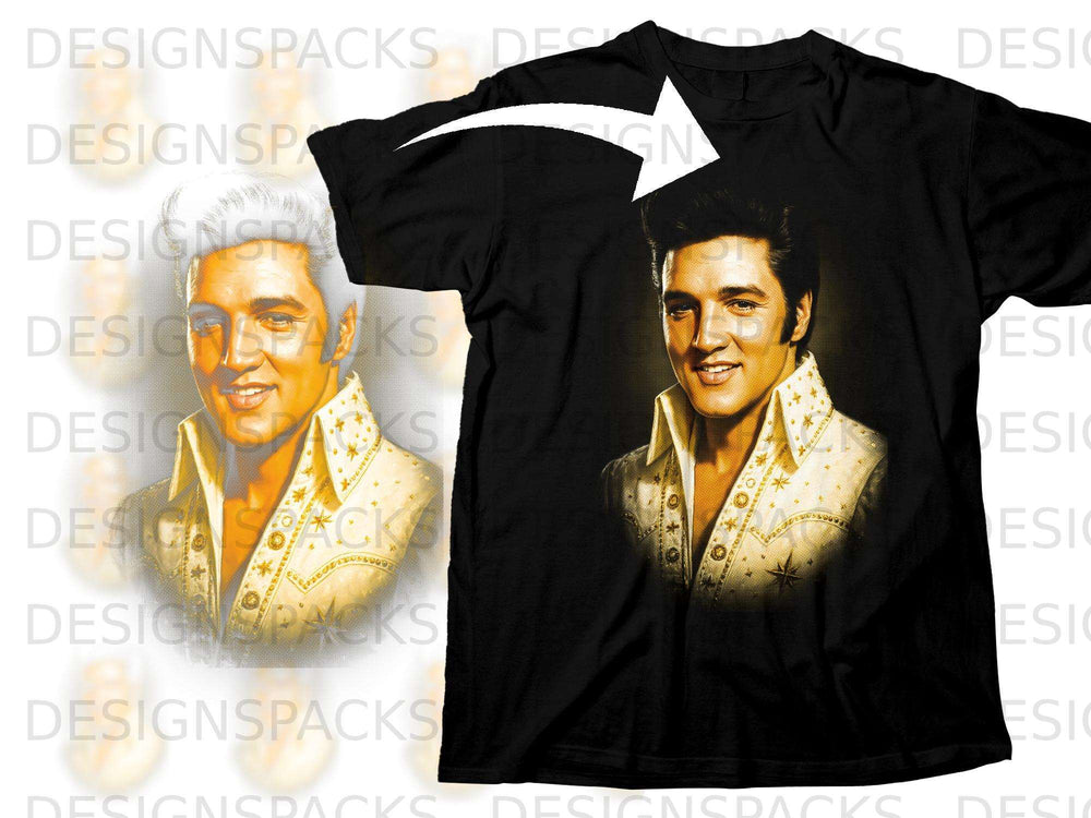 Black t-shirt with a graphic of Elvis Presley in a white sequined shirt.