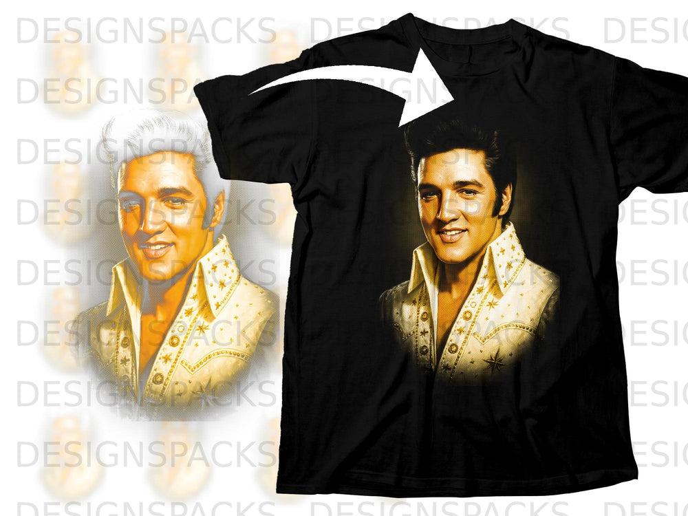 Black t-shirt with a graphic of Elvis Presley in a white sequined shirt.