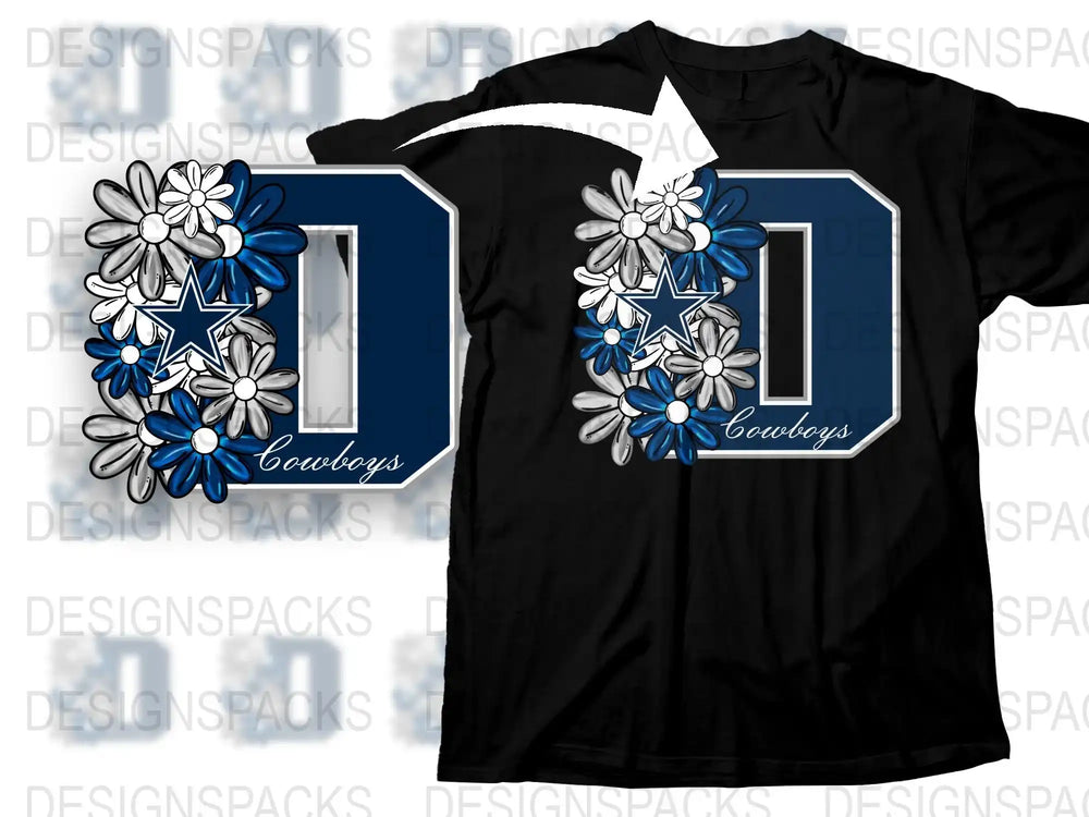 Dallas Floral Number Design T-Shirt, Blue White Flowers Graphic Tee, Stylish Sports Fan Apparel, Casual Wear