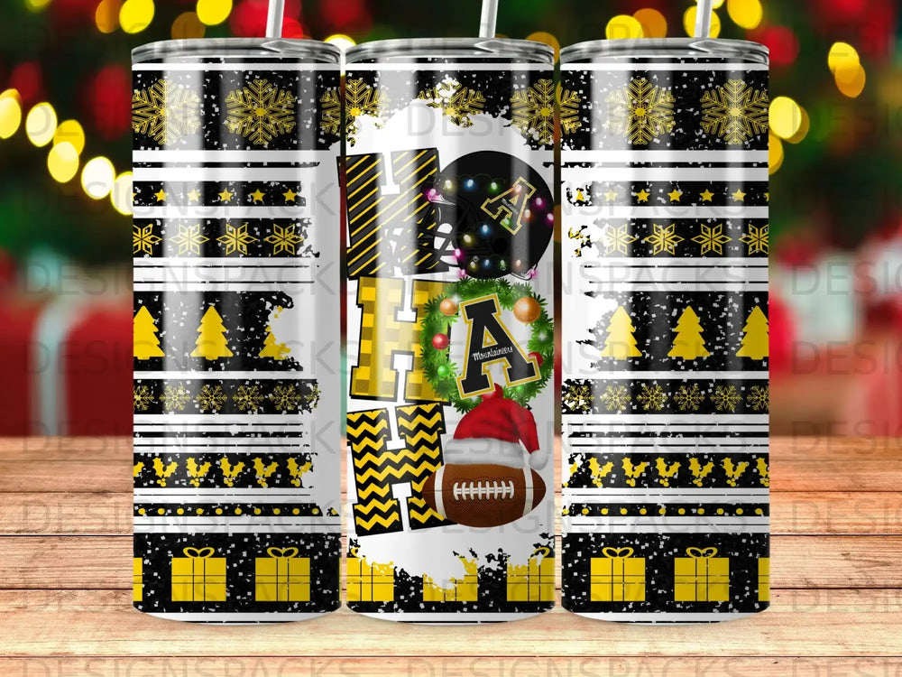 Holiday tumbler with "HO HO HO" text, University of Alabama logo, and football.