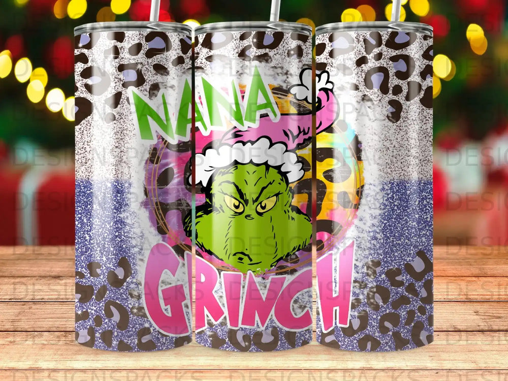 Grinch illustration with "Nana Grinch" text on a leopard print tumbler.