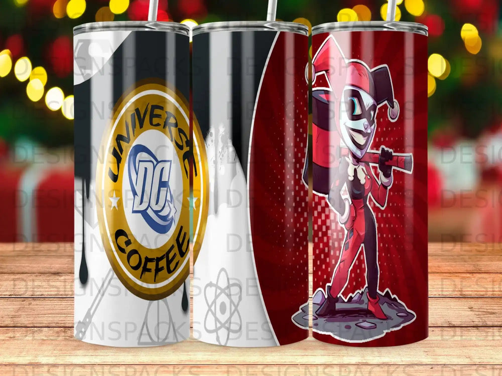 DC Comics Harley Quinn tumbler with coffee logo.