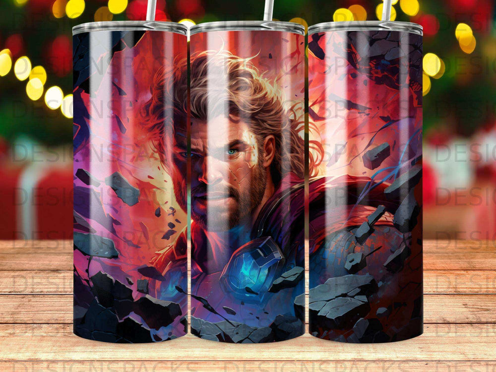 Thor with a determined expression on a cracked, stormy background.