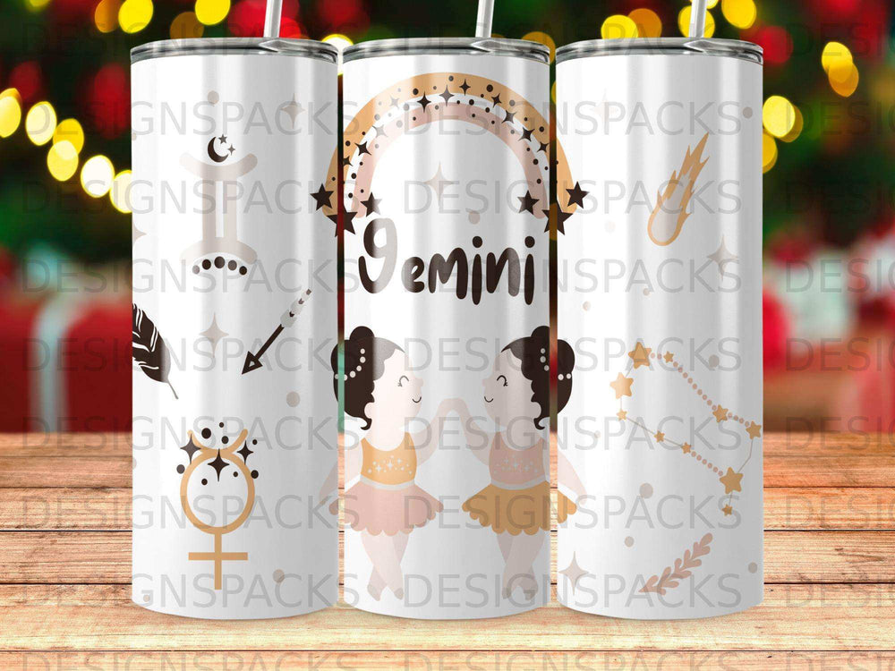 Gemini zodiac constellation with dancing figures on a celestial background.