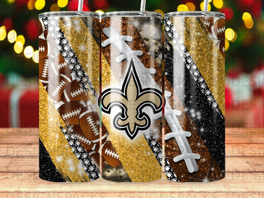 New Orleans Saints football and glitter pattern tumbler.