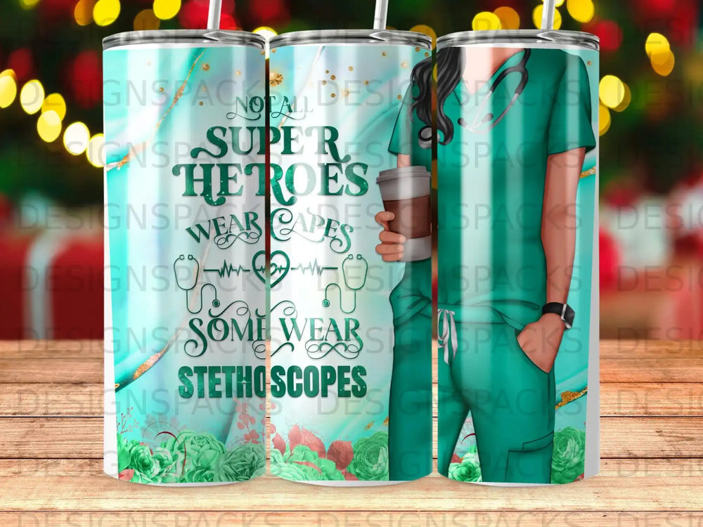 Tumbler with "Superheroes wear stethoscopes" text and teal marble pattern.