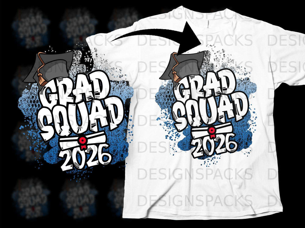 Grad Squad 2026 graphic with graduation cap and diploma on a white t-shirt.