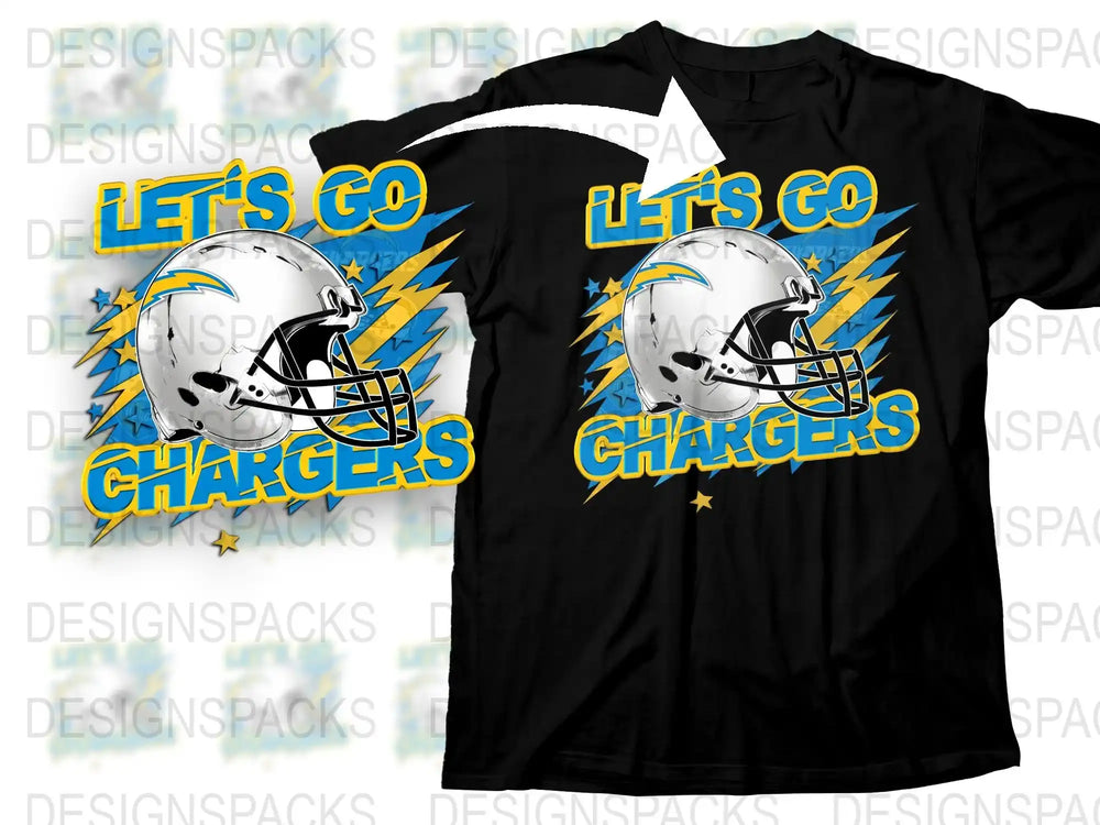 Let's Go Chargers Football Team Graphic T-Shirt, Black and White Sports Fan Apparel