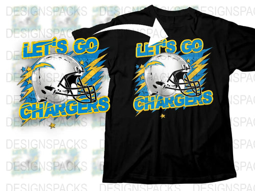 Let's Go Chargers Football Team Graphic T-Shirt, Black and White Sports Fan Apparel