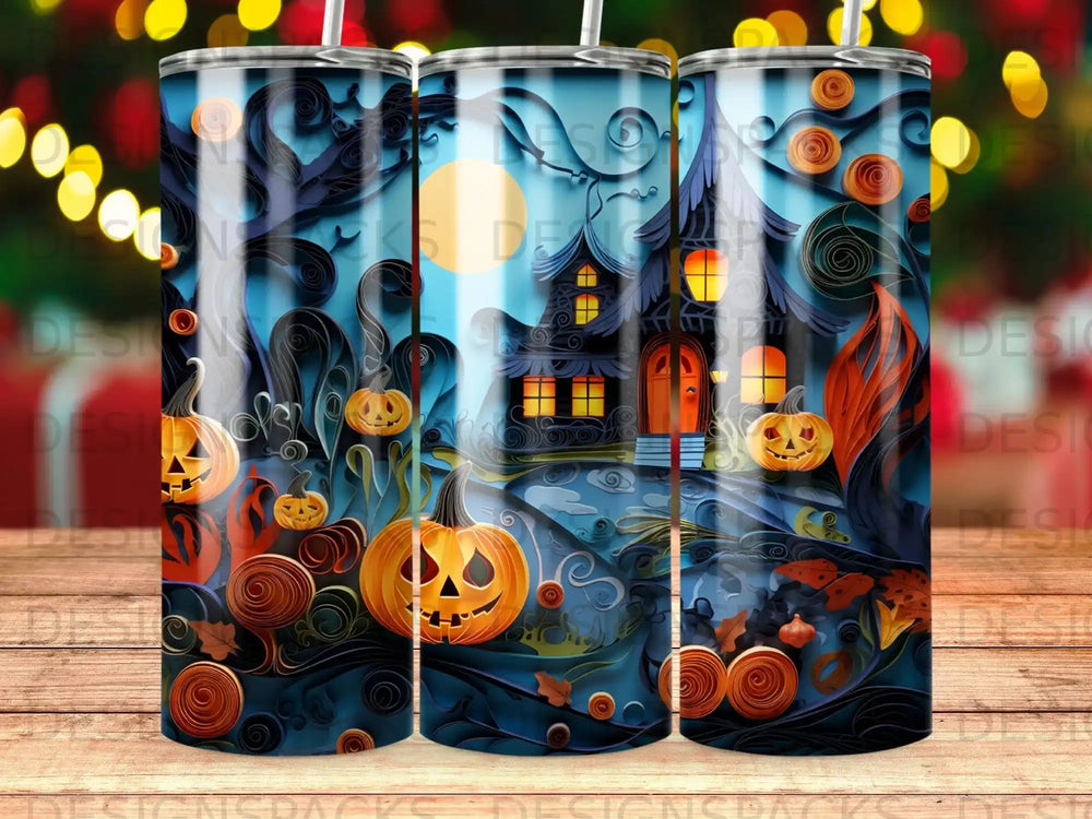 Halloween scene with haunted house, pumpkins, and spooky trees.