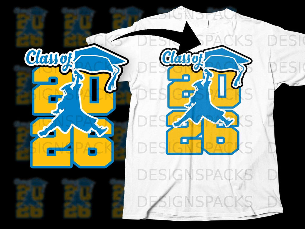 "Class of 2026" graphic with graduation cap and gown on a white t-shirt.