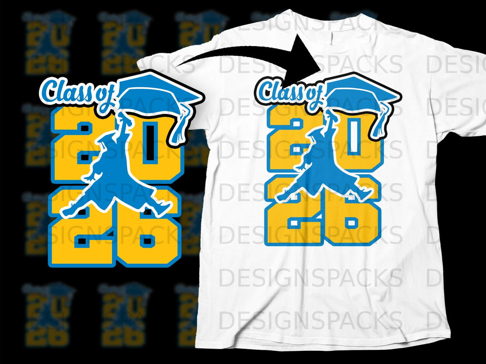 "Class of 2026" graphic with graduation cap and gown on a white t-shirt.