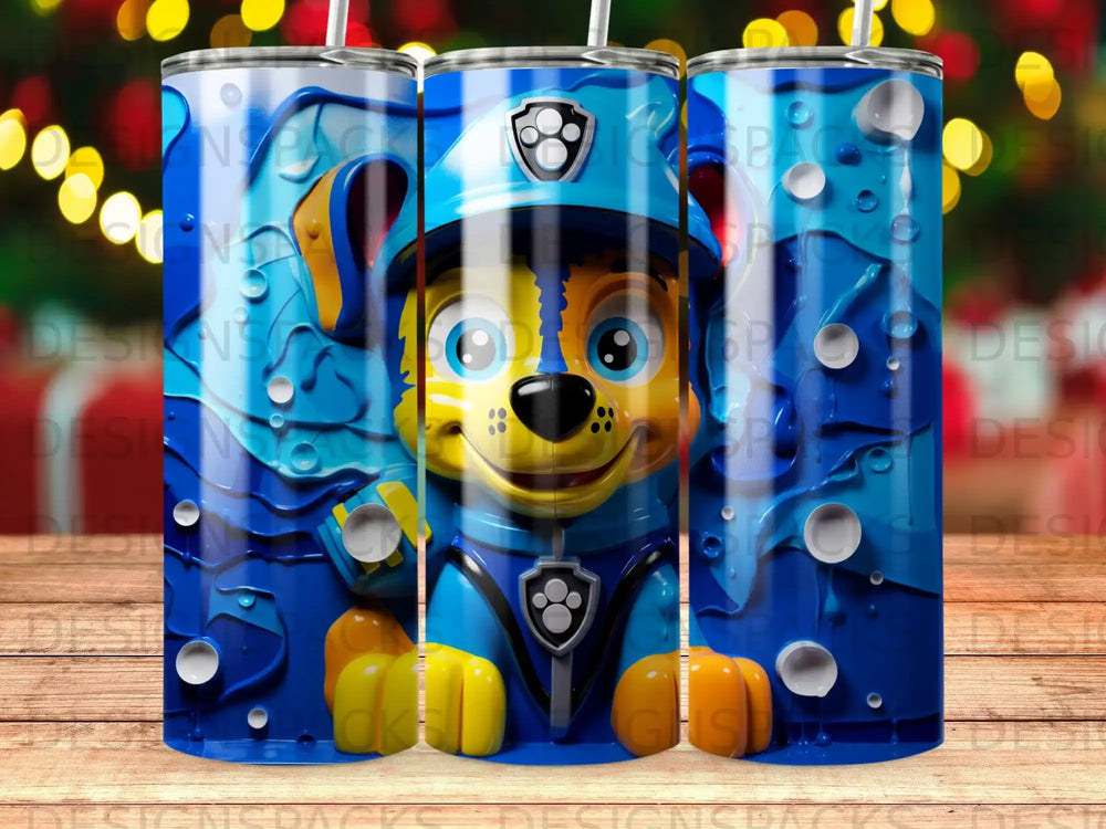 Cartoon dog character in blue uniform with Paw Patrol logo.