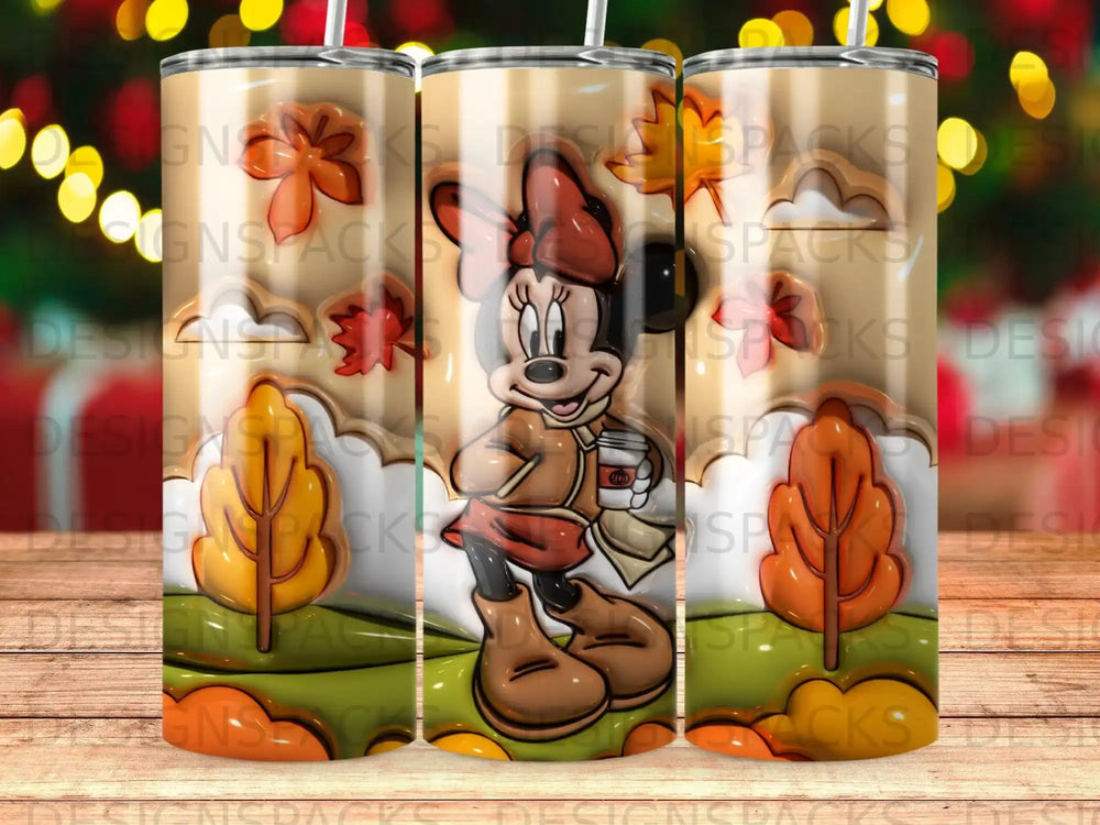 Minnie Mouse in autumn attire holding a coffee cup with falling leaves.