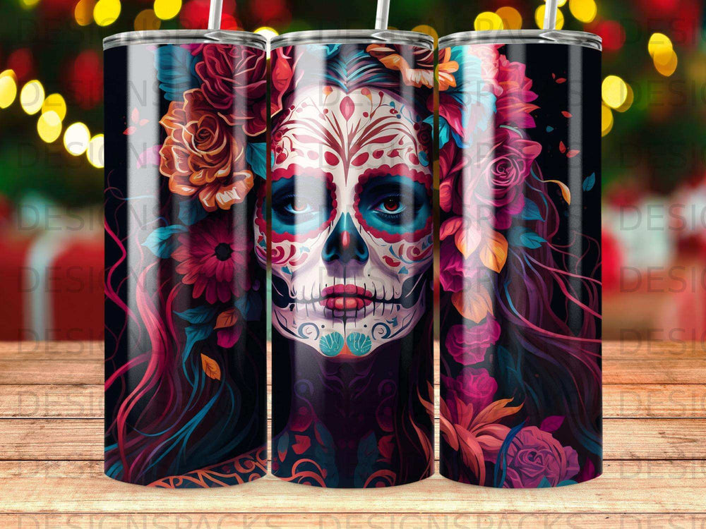 Sugar skull woman with flowers and dark hair on a tumbler.