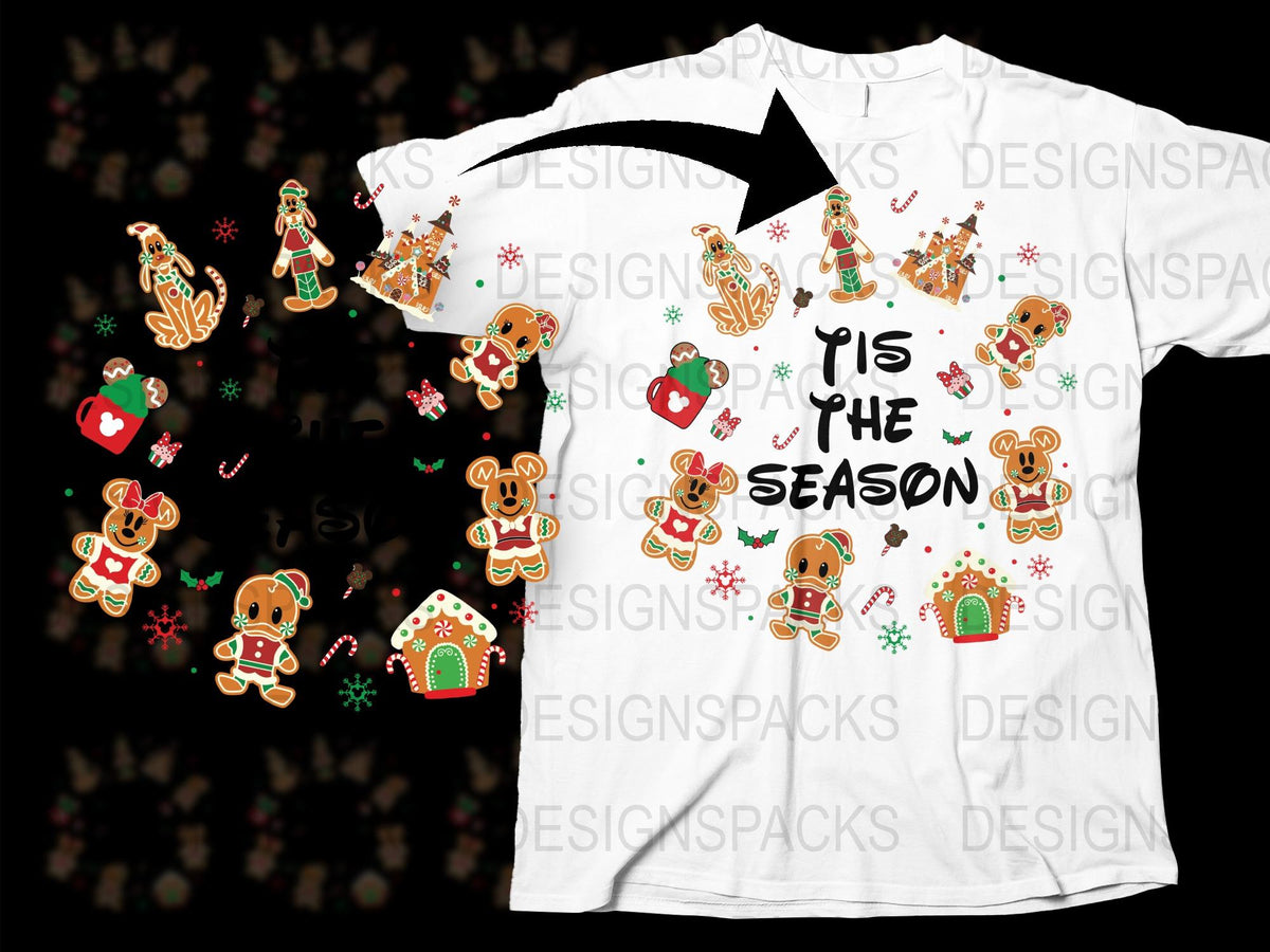 Festive Christmas T-Shirt, Gingerbread Cookies and Houses, Holiday Apparel, 'Tis the Season' Text, Winter Clothing