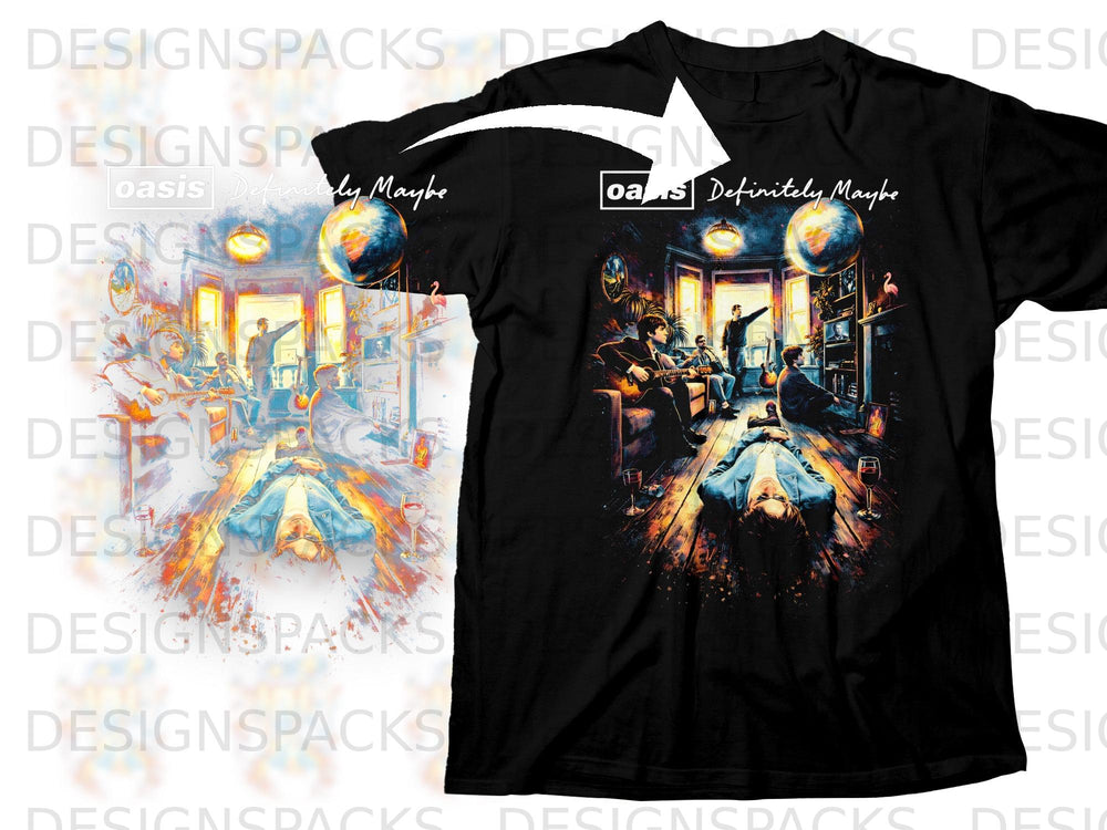 Black t-shirt with Oasis "Definitely Maybe" album art featuring band members in a room.