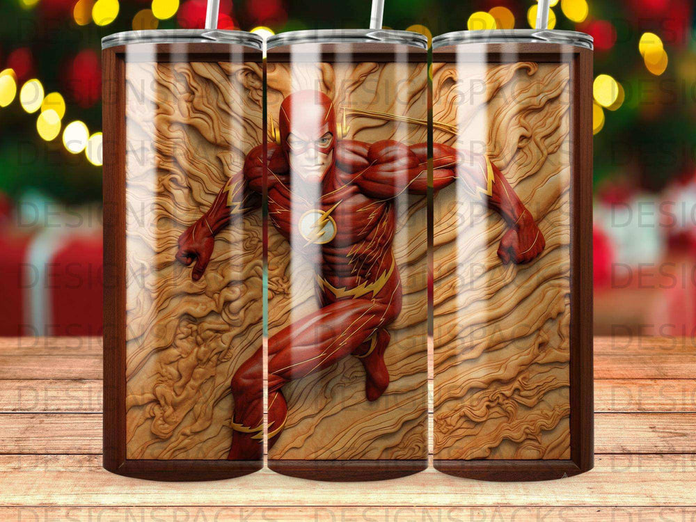 The Flash in a running pose on a wooden textured background.