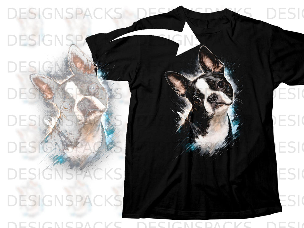 Black t-shirt with a Boston Terrier graphic and a white arrow pointing to the dog.