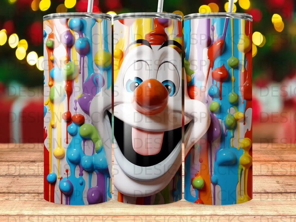 Cartoon snowman with dripping colorful paint on a cylindrical tumbler.