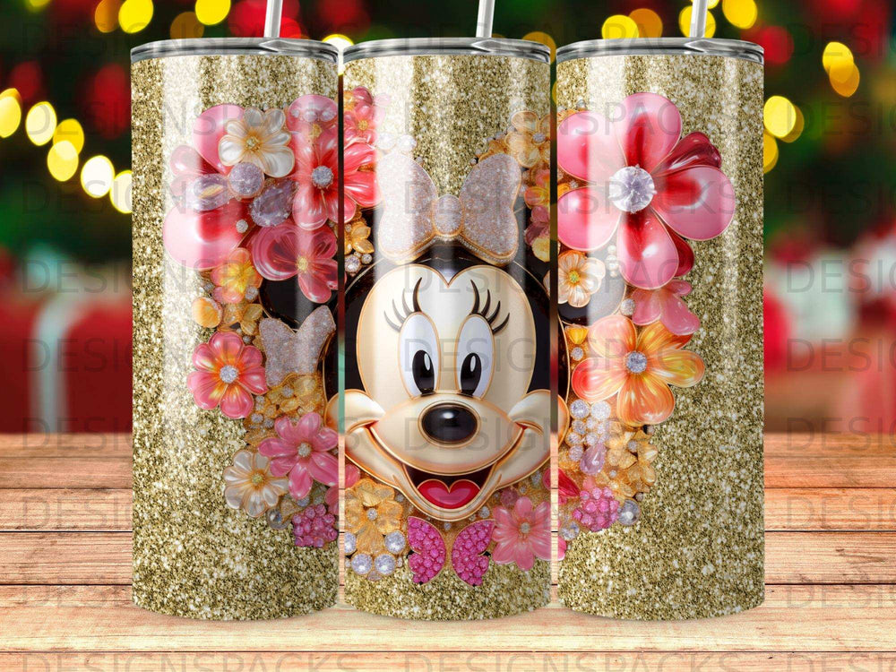 Minnie Mouse face surrounded by glittering pink and orange flowers and butterflies.