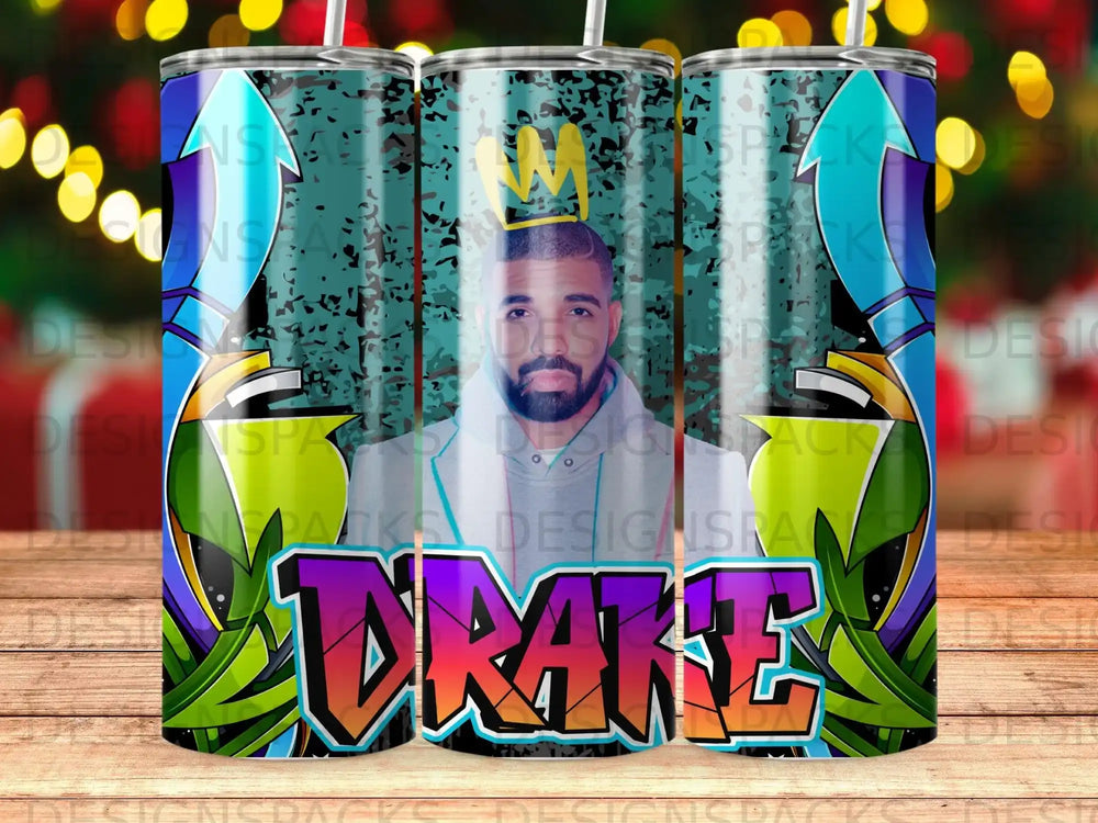 Drake's face with a crown above stylized "DRAKE" text on a blue background.