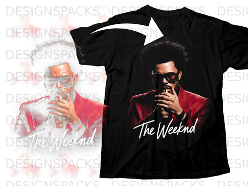 Black t-shirt with a graphic of The Weeknd smoking, text 
