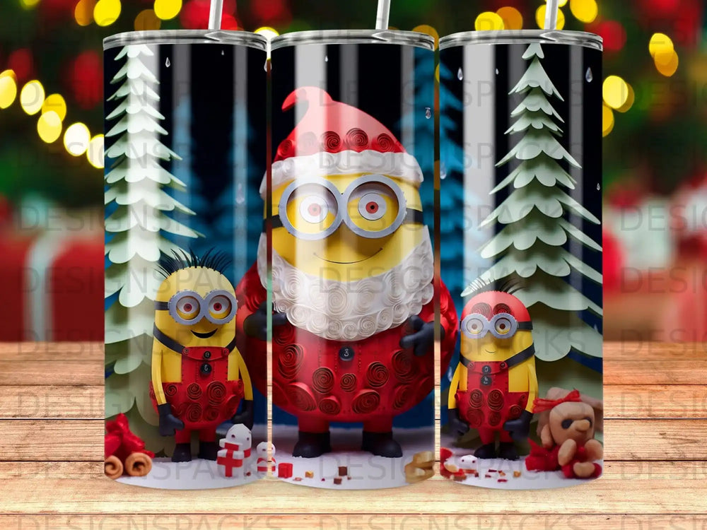 Minions in Santa hats and red overalls with snow and Christmas trees.