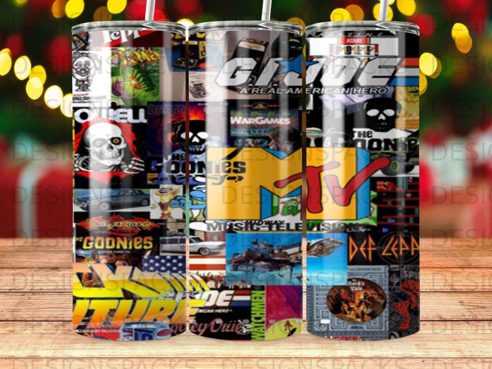 Collage of 1980s movie posters and logos on a tumbler.