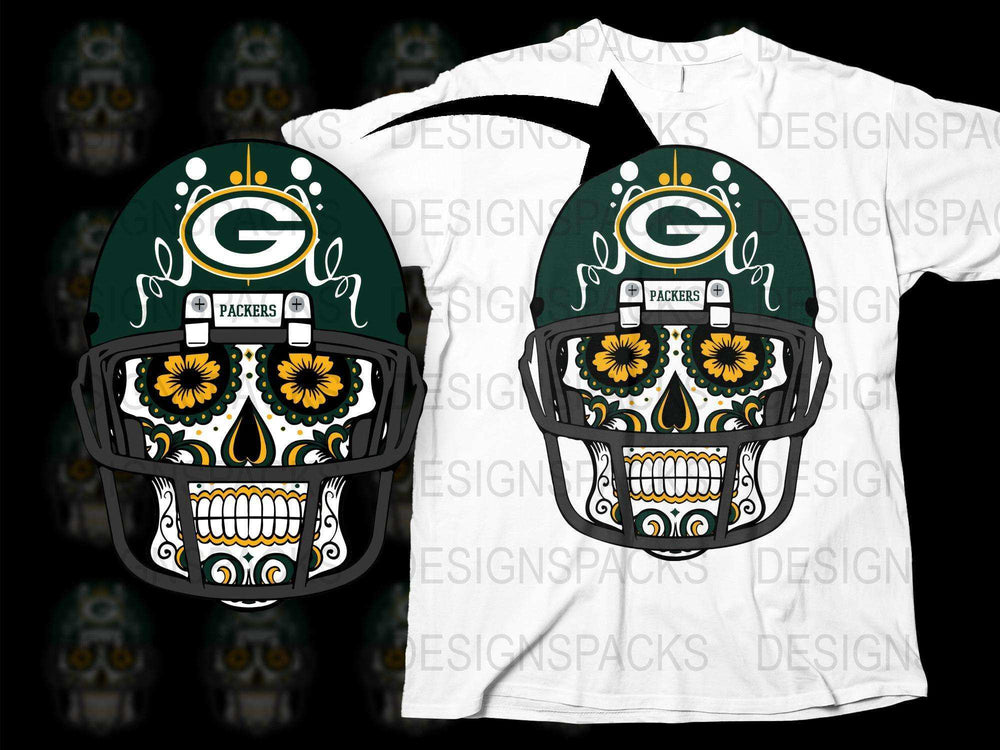 Green Bay Packers Inspired Sugar Skull T-Shirt, Football Fan Art Apparel, Unique Sports Team Graphic Tee Design