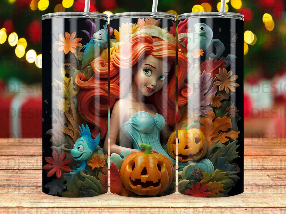 Ariel from The Little Mermaid with pumpkins and autumn leaves.