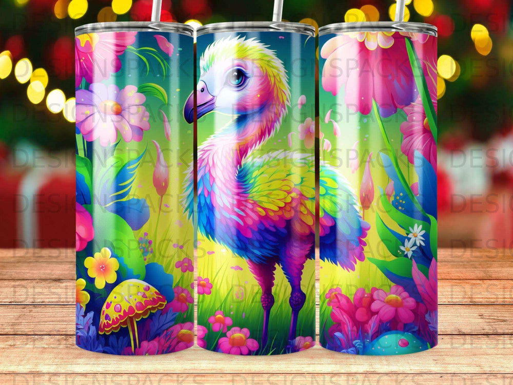 Colorful flamingo with mushrooms and flowers on a patterned background.