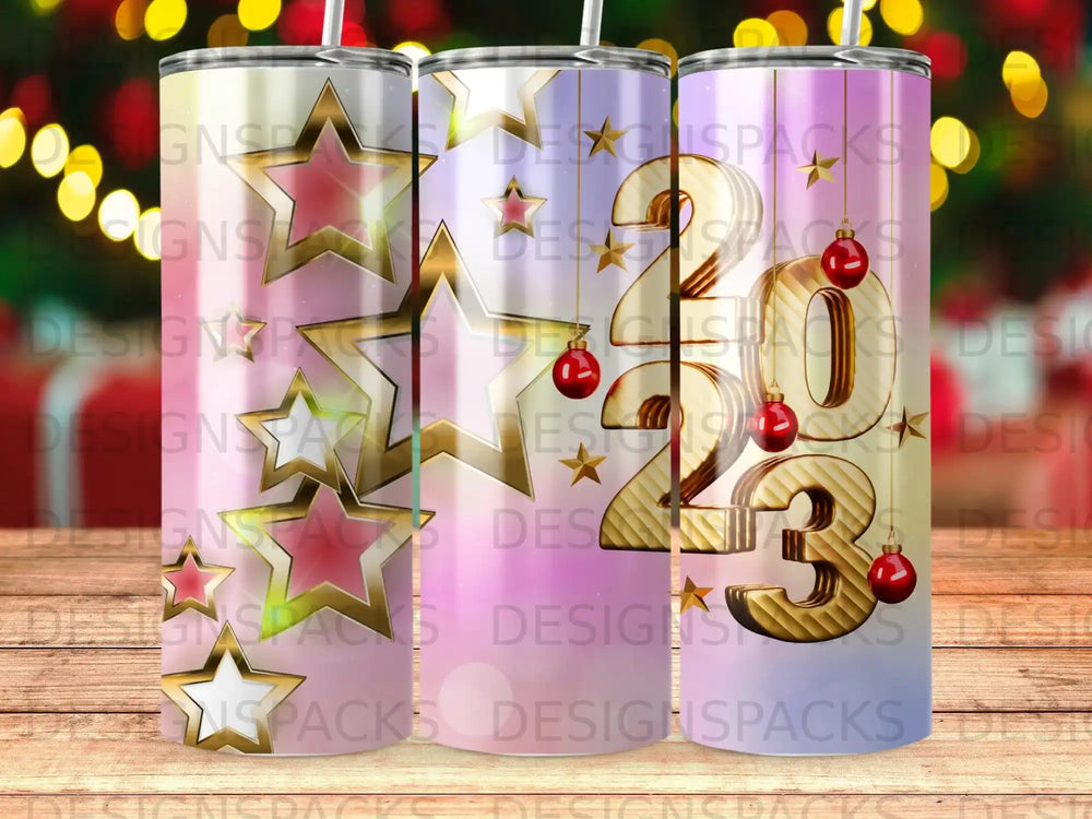 Three tumblers with "2023" and stars on a gradient background.