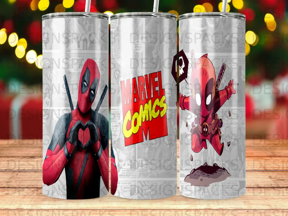 Deadpool making heart hands in front of Marvel Comics logo.