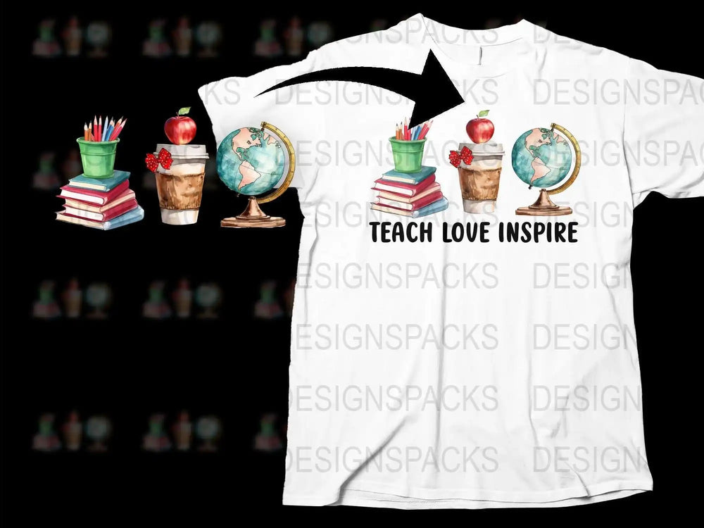 Teacher T-Shirt Teach Love Inspire Design, Book Globe Apple Graphic Tee, Educational Gift, Unisex Cotton Shirt