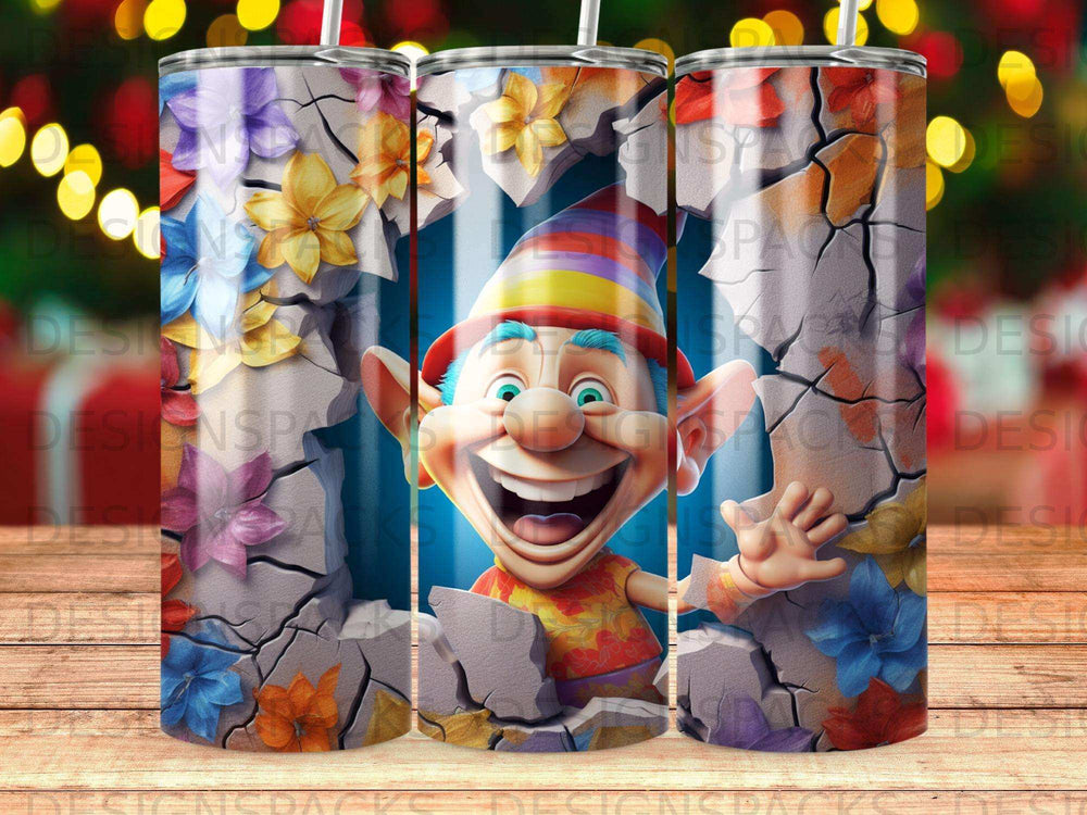 Cheerful elf character with colorful clothing peeking through cracked stone and flowers.