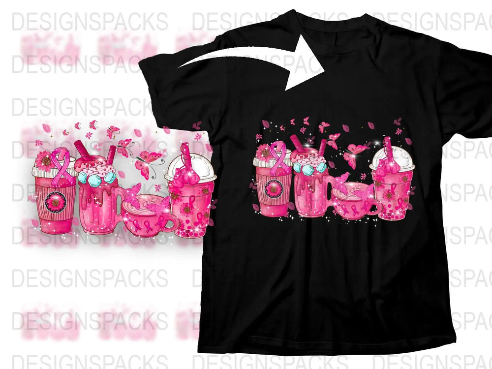 Women's Black T-Shirt with Pink Cute Cupcakes and Teapots Graphic Print, Casual Fashion Tee