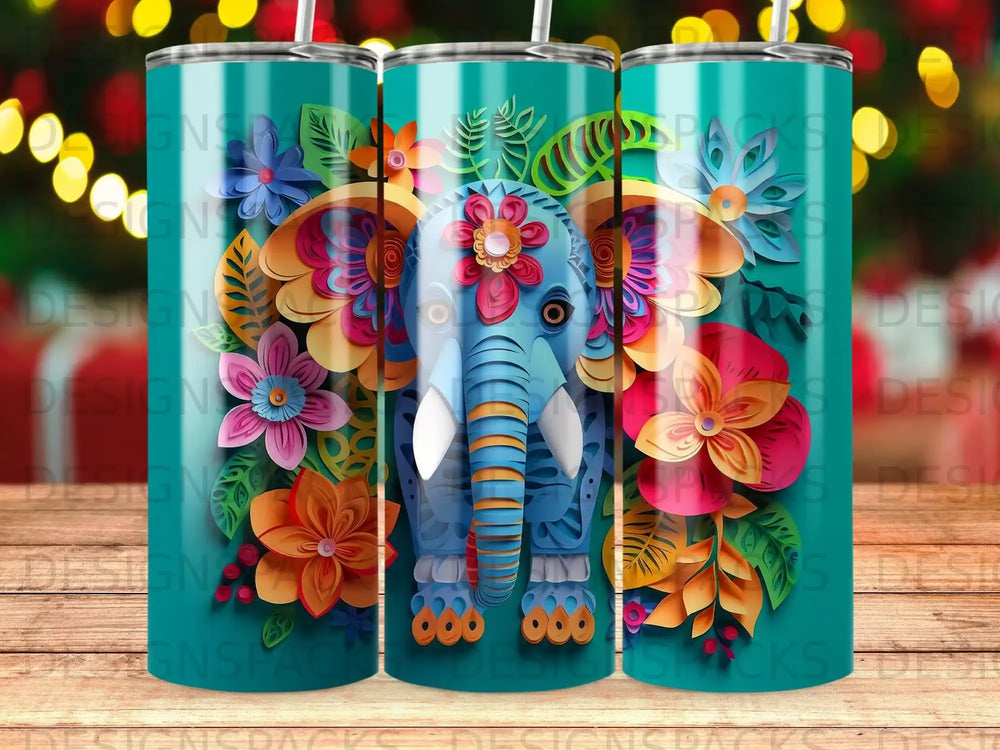 Blue elephant surrounded by colorful paper flowers on a teal tumbler.