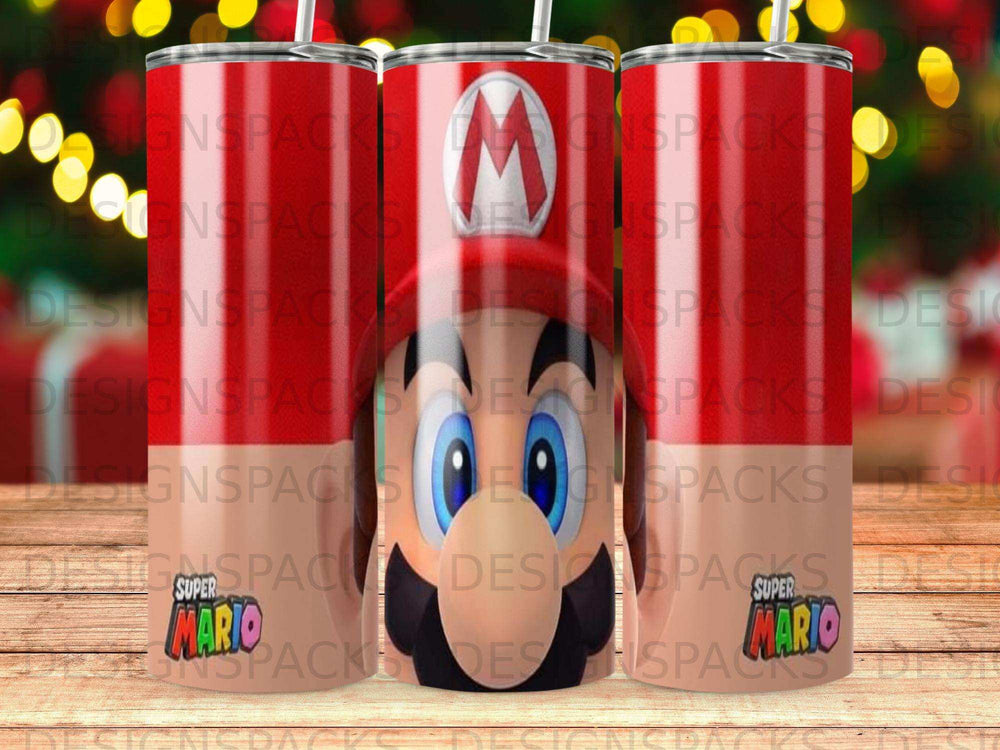 Mario characters on a red, white, and blue patterned tumbler.