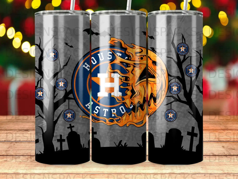 Houston Astros Halloween tumbler with haunted trees and tombstones.