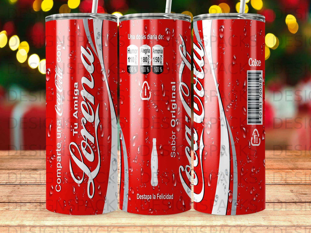 Coca-Cola can with "Lorena" text and nutritional information.
