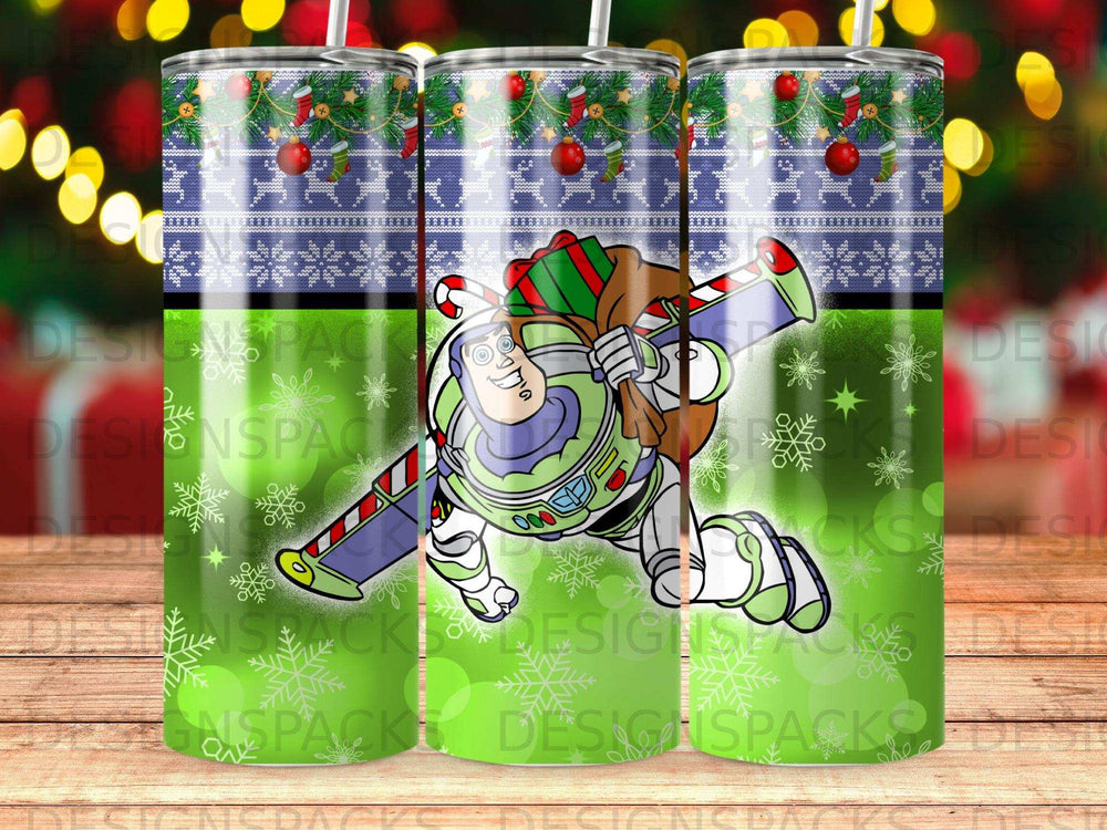Buzz Lightyear on a festive, snowflake-covered tumbler with Christmas lights.