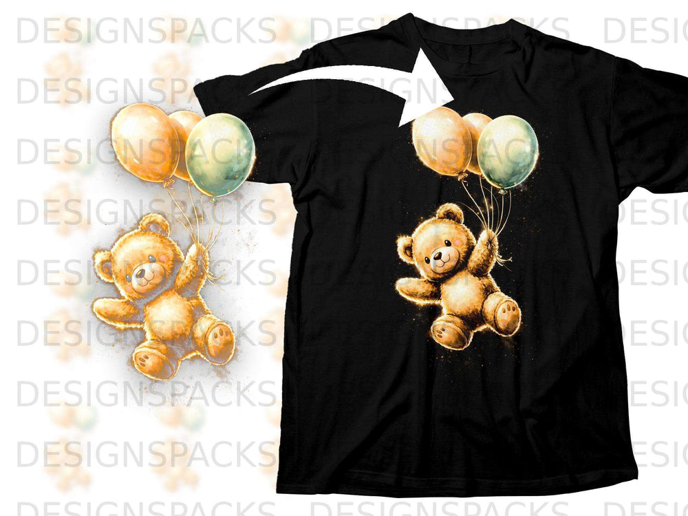 Black t-shirt with a watercolor-style teddy bear holding balloons.