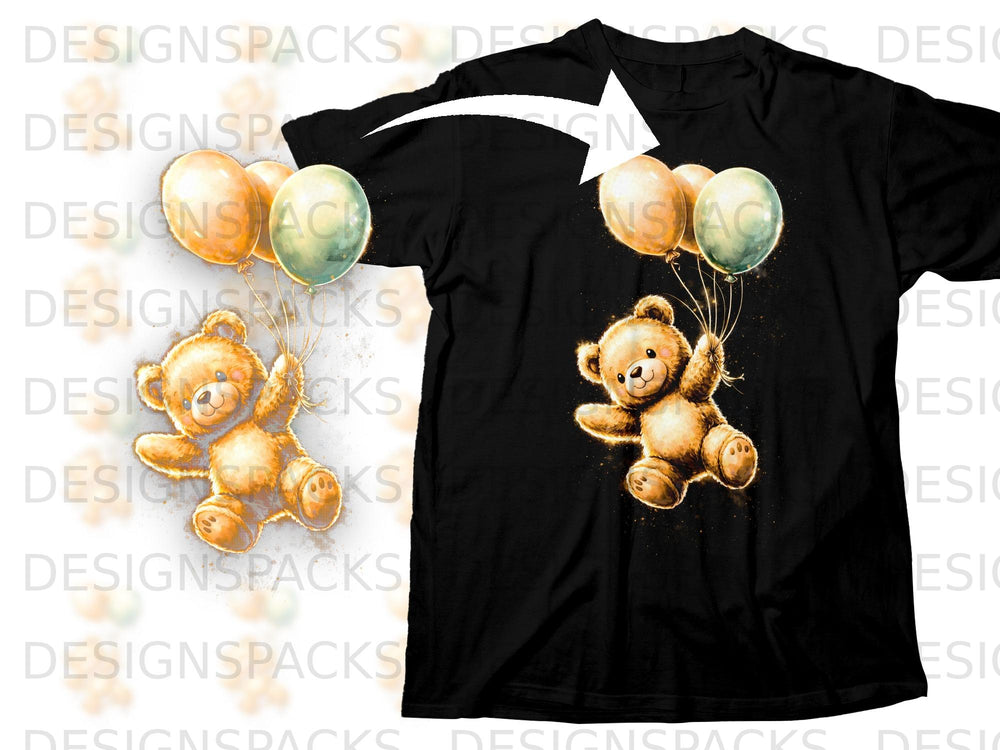 Black t-shirt with a watercolor-style teddy bear holding balloons.