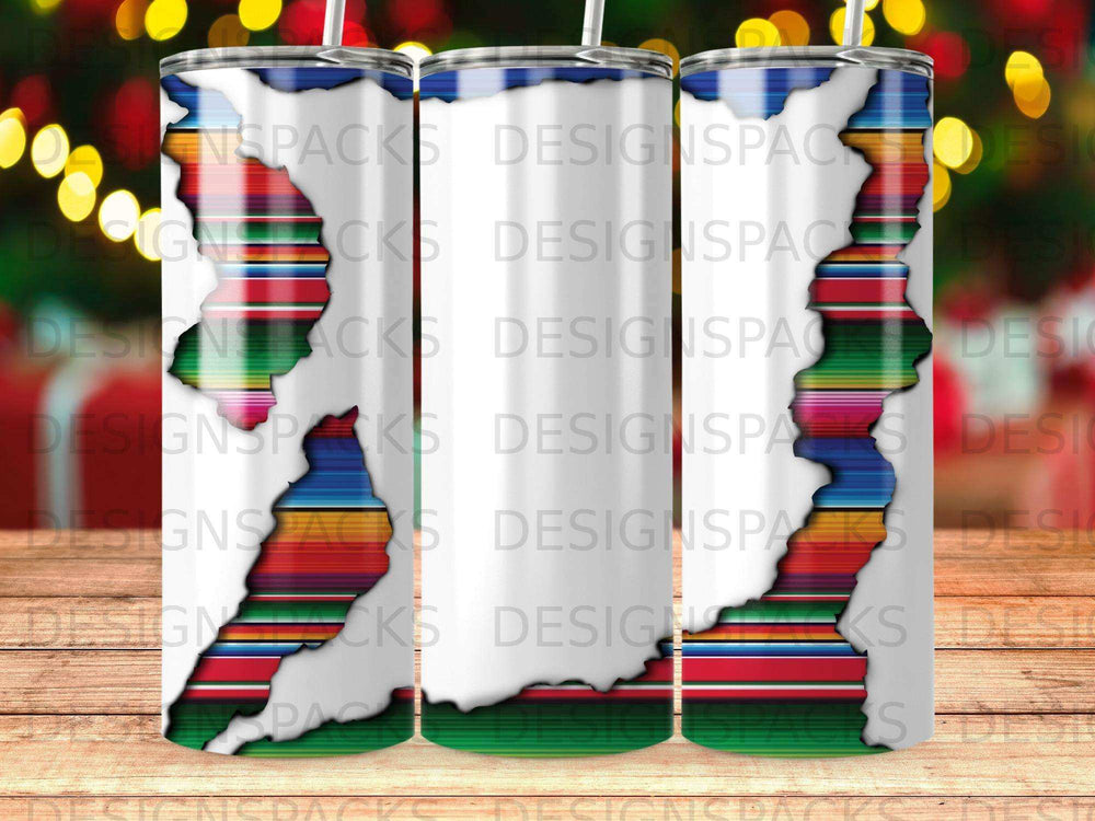 White tumbler with torn-away sections revealing colorful striped pattern.