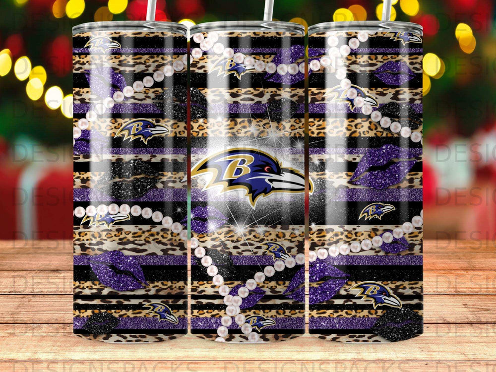 Baltimore Ravens tumbler with leopard print, glitter, and pearl accents.