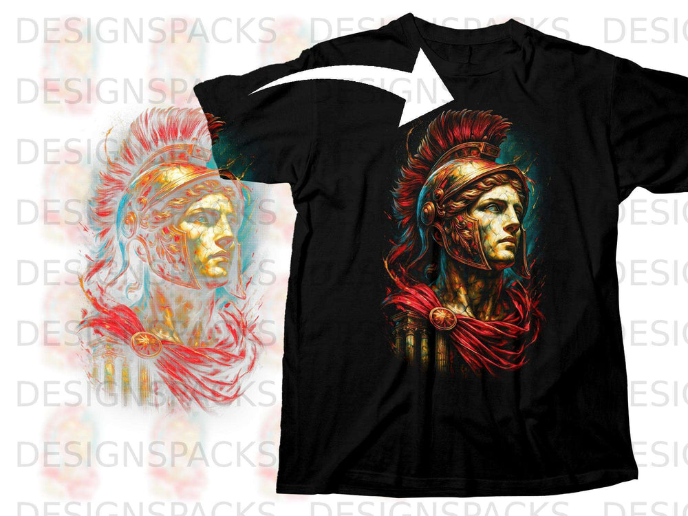 Black t-shirt featuring a Roman Centurion graphic with red and gold details.
